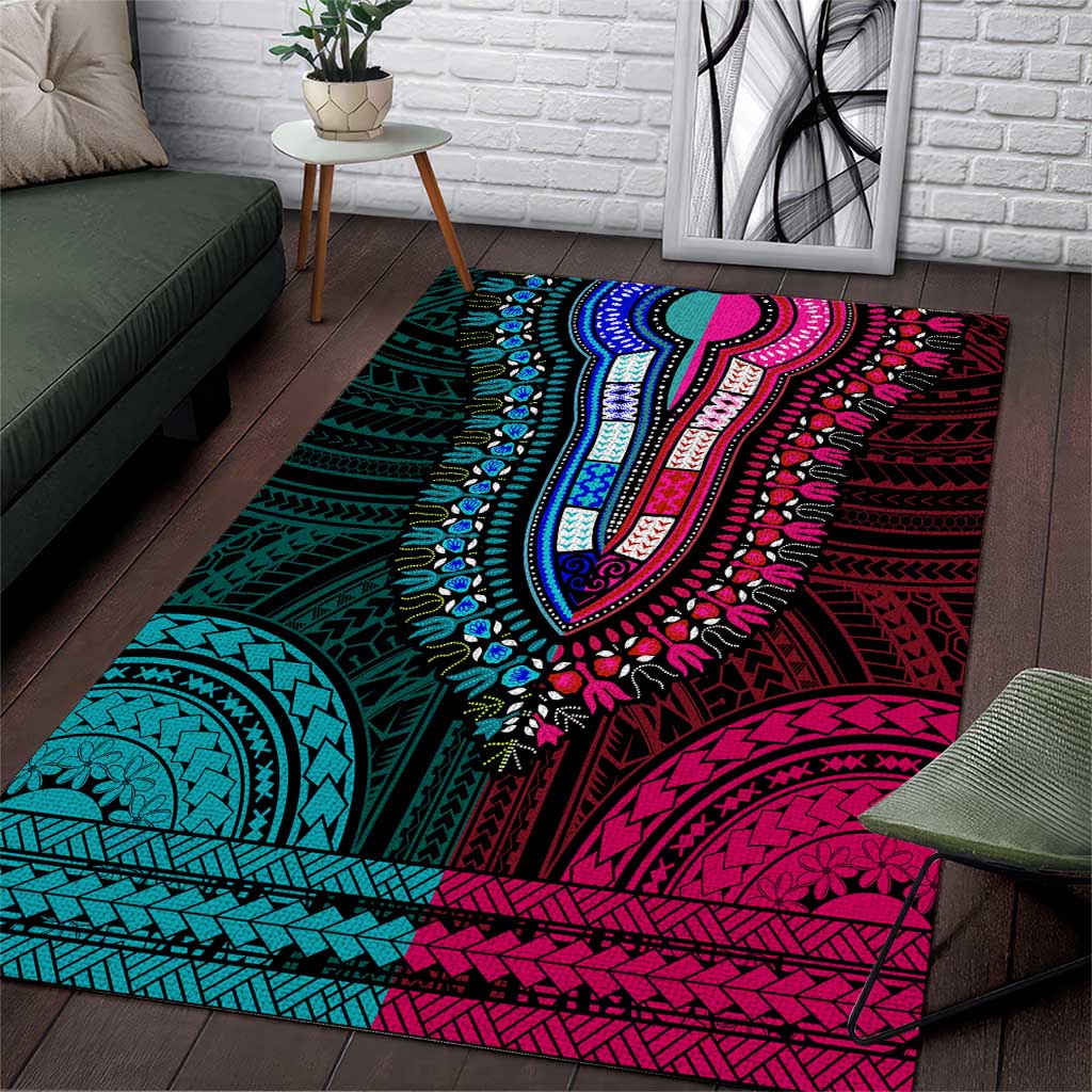 African Dashiki and Polynesian Pattern Area Rug Half Teal-Pink