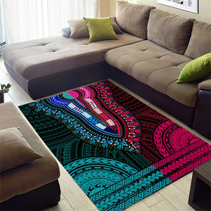 African Dashiki and Polynesian Pattern Area Rug Half Teal-Pink