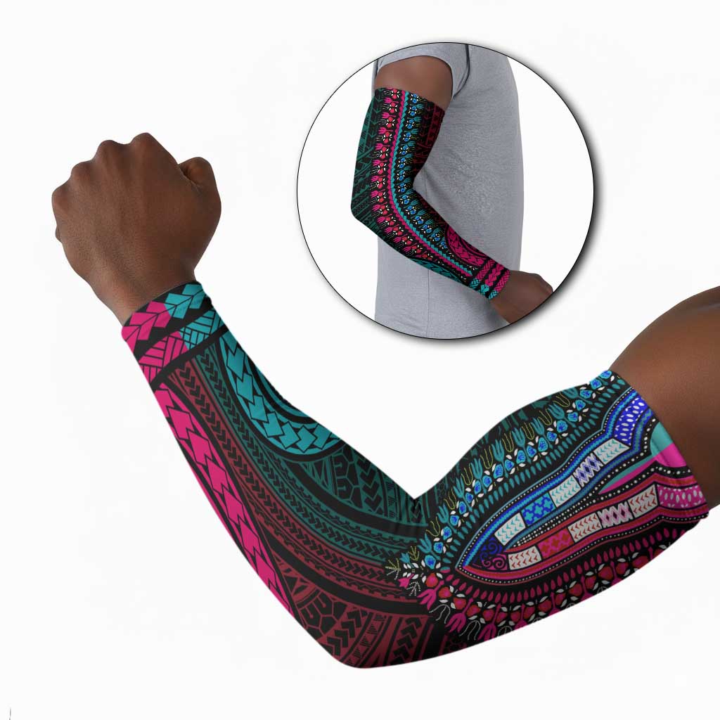 African Dashiki and Polynesian Pattern Arm Sleeves Half Teal-Pink