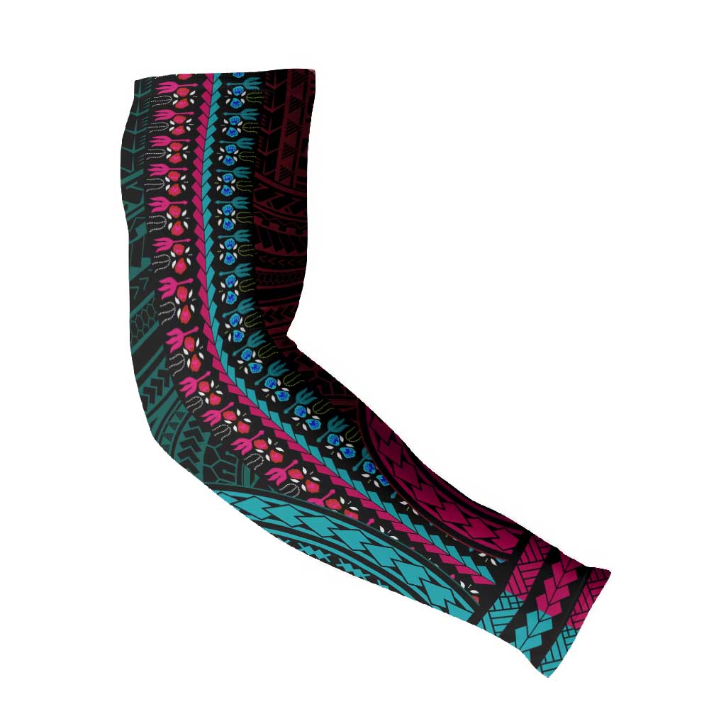 African Dashiki and Polynesian Pattern Arm Sleeves Half Teal-Pink