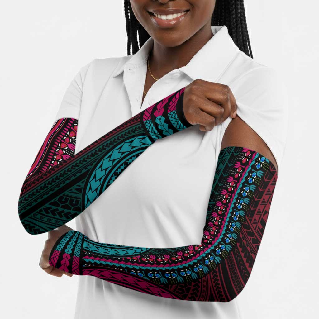African Dashiki and Polynesian Pattern Arm Sleeves Half Teal-Pink