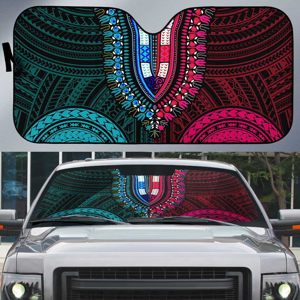 African Dashiki and Polynesian Pattern Auto Sun Shade Half Teal-Pink