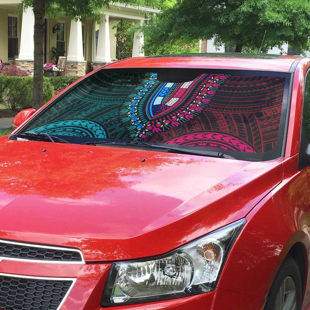 African Dashiki and Polynesian Pattern Auto Sun Shade Half Teal-Pink