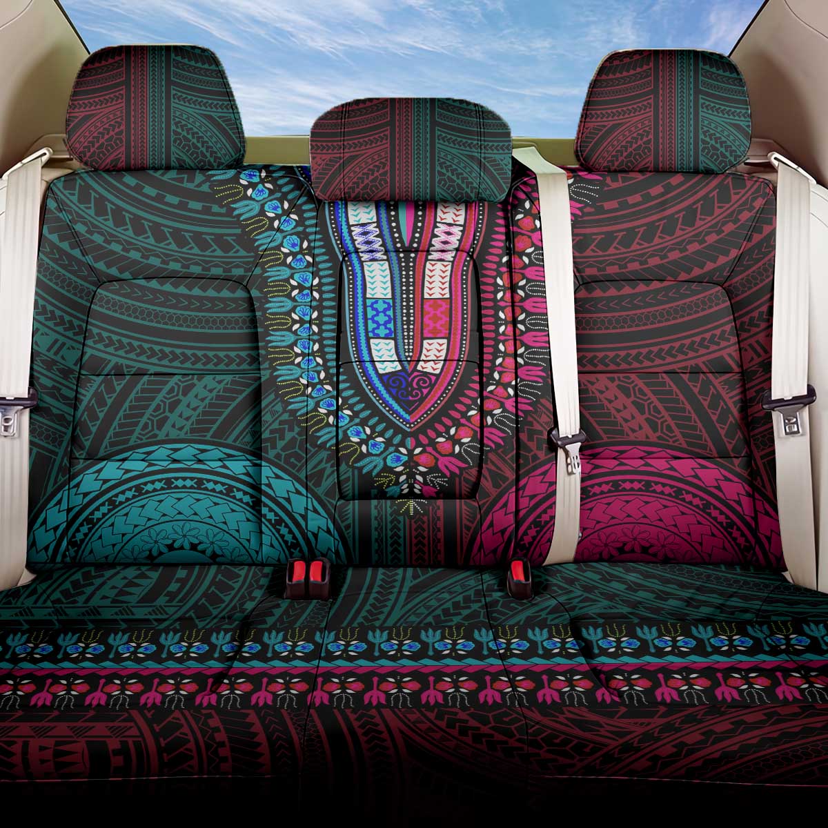 African Dashiki and Polynesian Pattern Back Car Seat Cover Half Teal-Pink