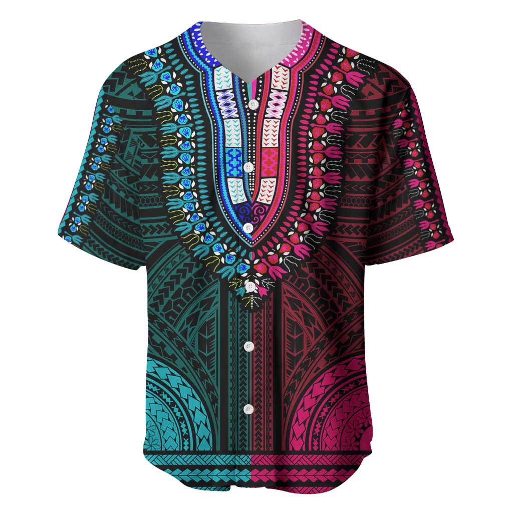 African Dashiki and Polynesian Pattern Baseball Jersey Half Teal-Pink