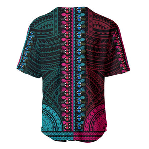 African Dashiki and Polynesian Pattern Baseball Jersey Half Teal-Pink