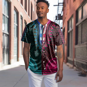 African Dashiki and Polynesian Pattern Baseball Jersey Half Teal-Pink