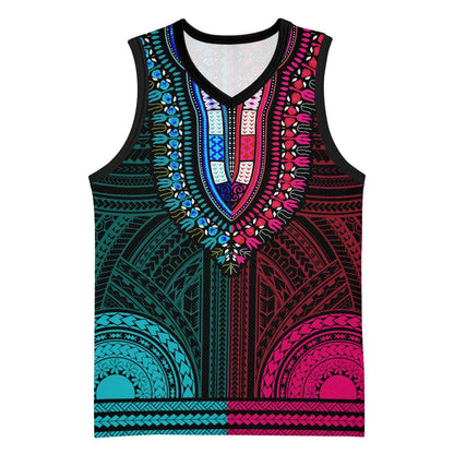 African Dashiki and Polynesian Pattern Basketball Jersey Half Teal-Pink LT9