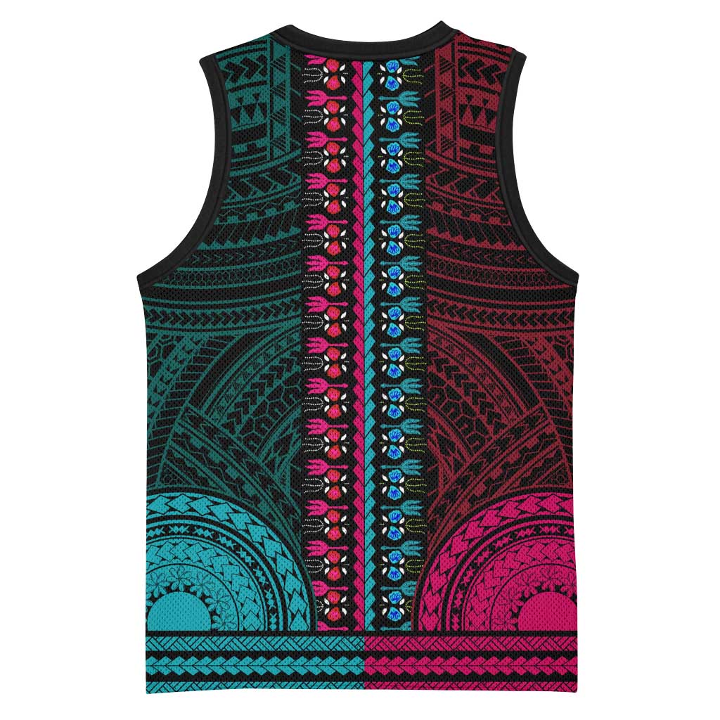 African Dashiki and Polynesian Pattern Basketball Jersey Half Teal-Pink LT9