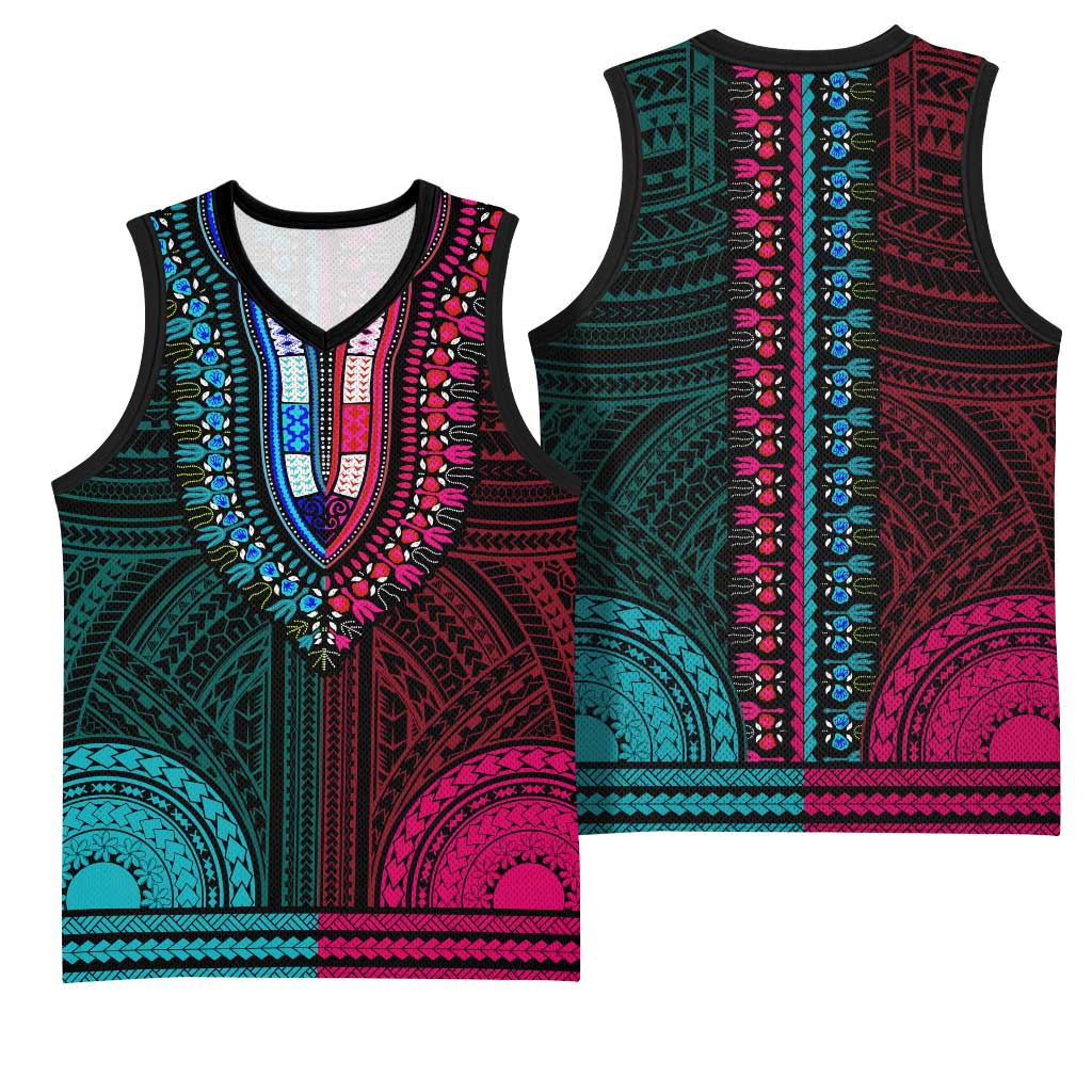 African Dashiki and Polynesian Pattern Basketball Jersey Half Teal-Pink LT9