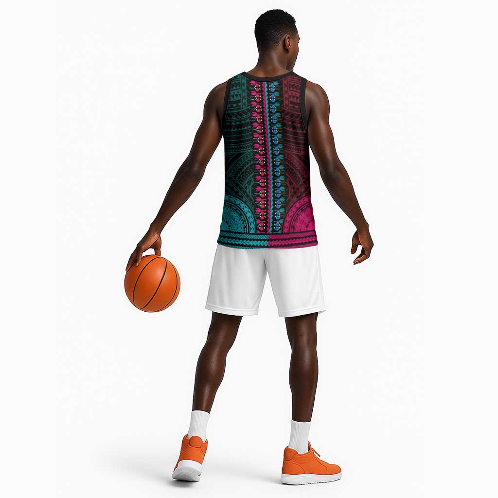 African Dashiki and Polynesian Pattern Basketball Jersey Half Teal-Pink LT9