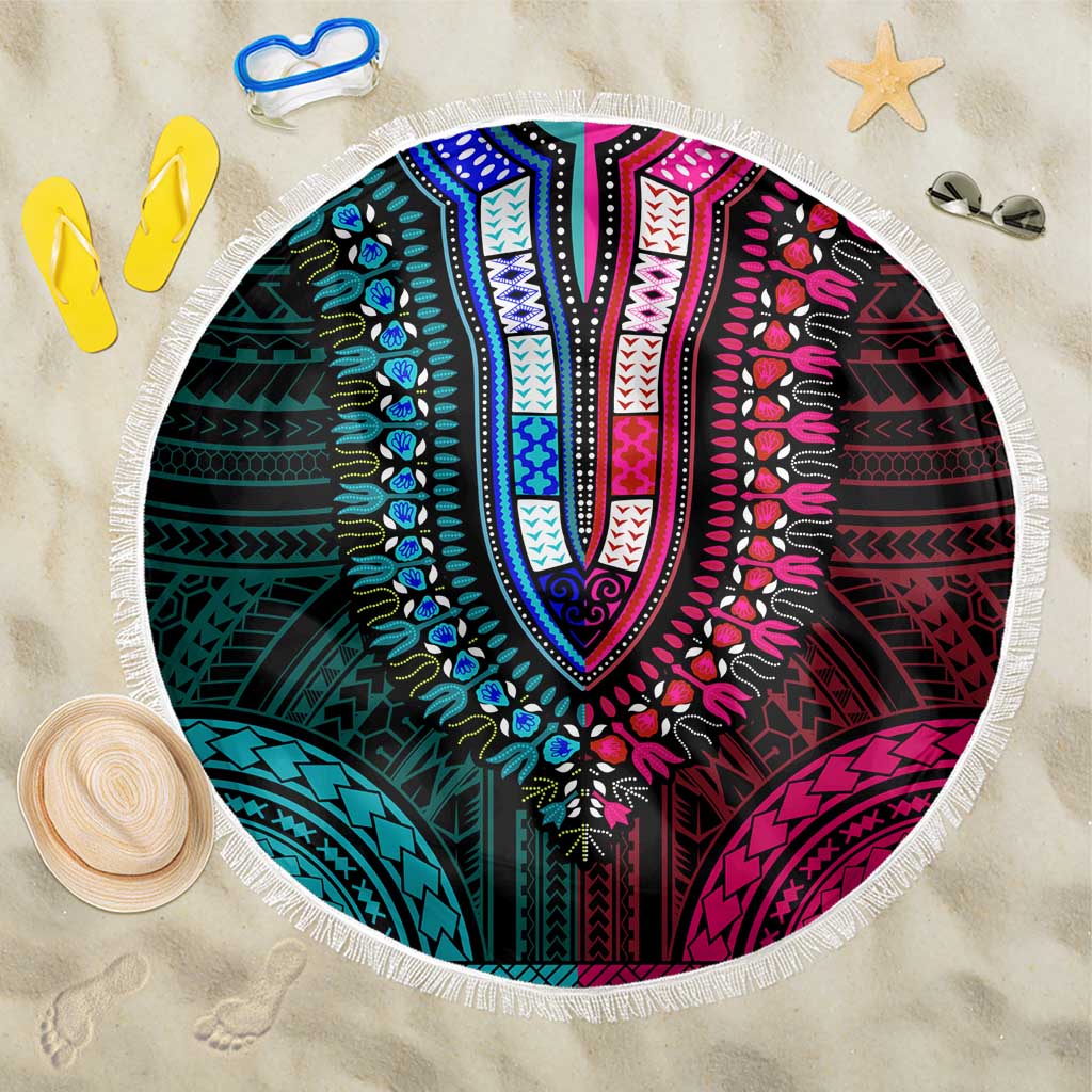 African Dashiki and Polynesian Pattern Beach Blanket Half Teal-Pink