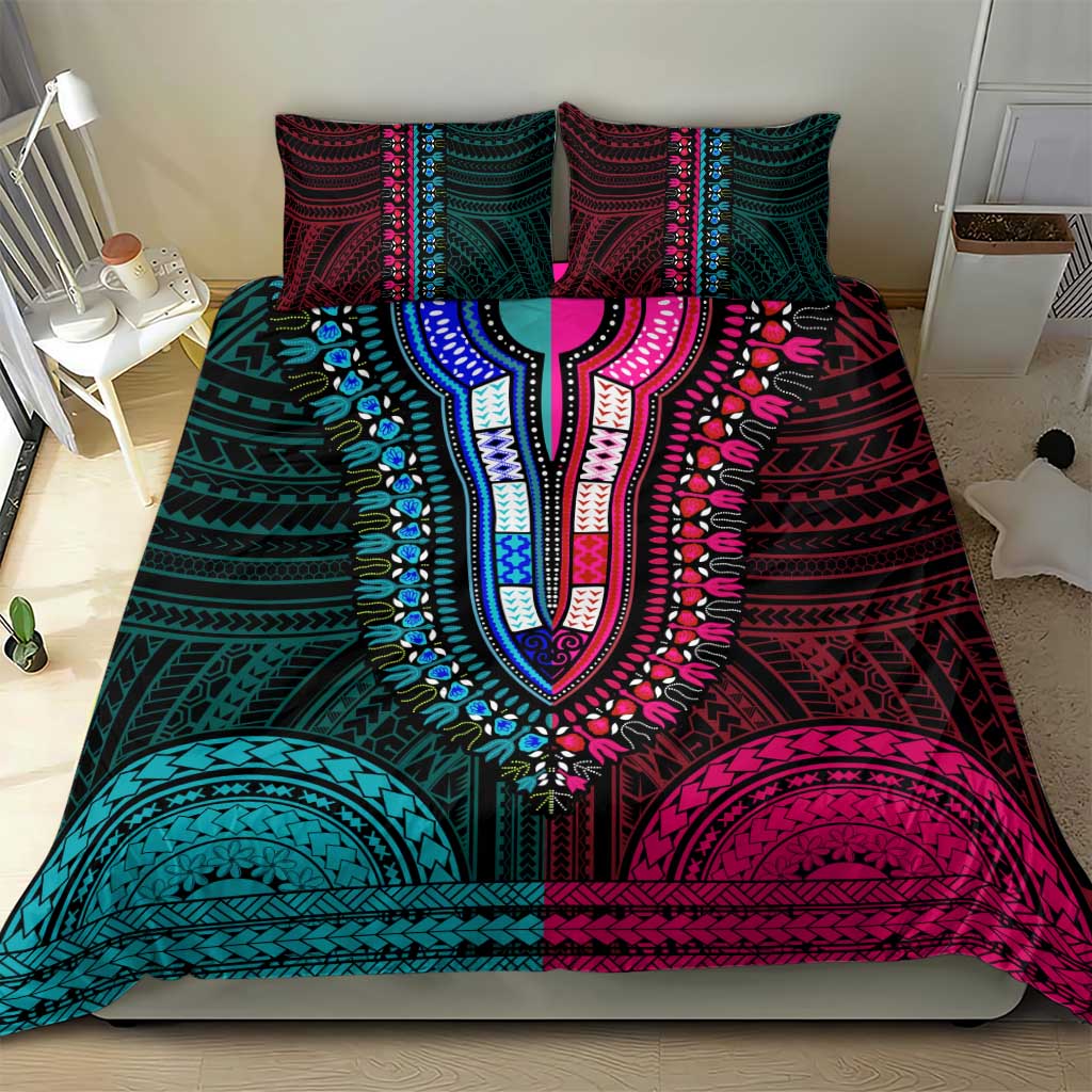 African Dashiki and Polynesian Pattern Bedding Set Half Teal-Pink