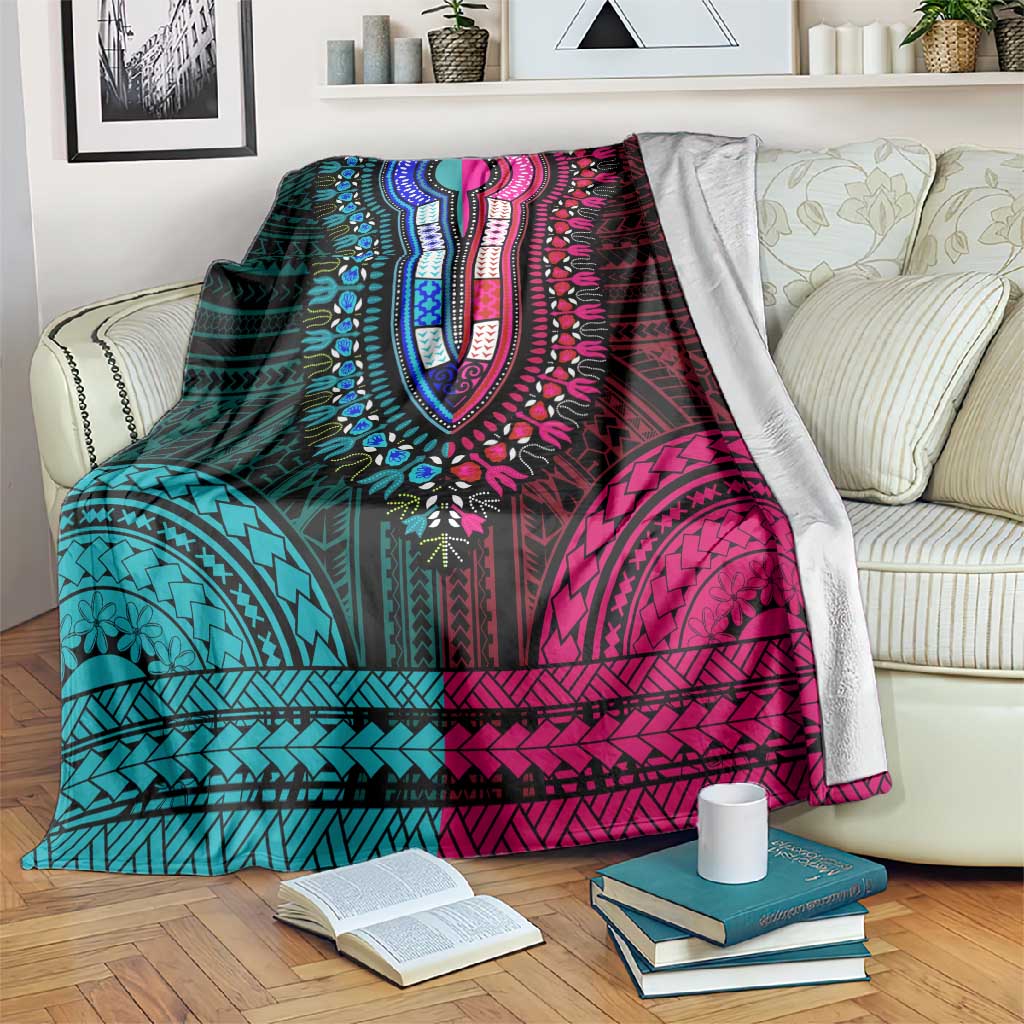 African Dashiki and Polynesian Pattern Blanket Half Teal-Pink