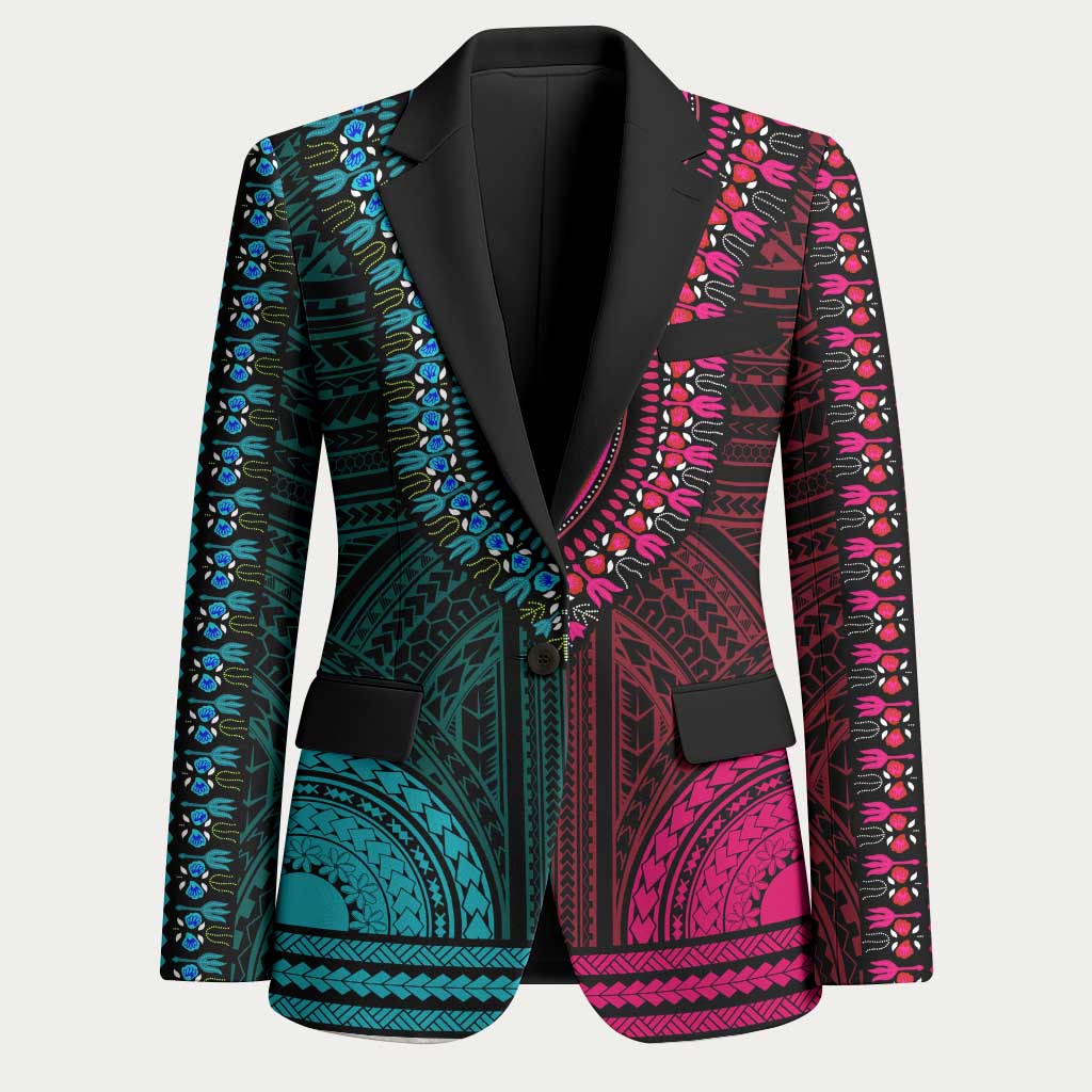 African Dashiki and Polynesian Pattern Blazer Half Teal-Pink