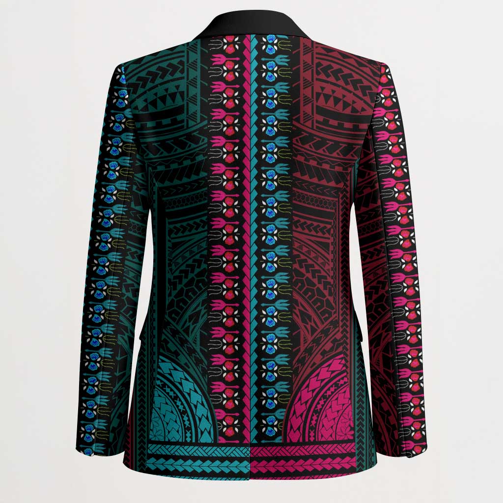African Dashiki and Polynesian Pattern Blazer Half Teal-Pink