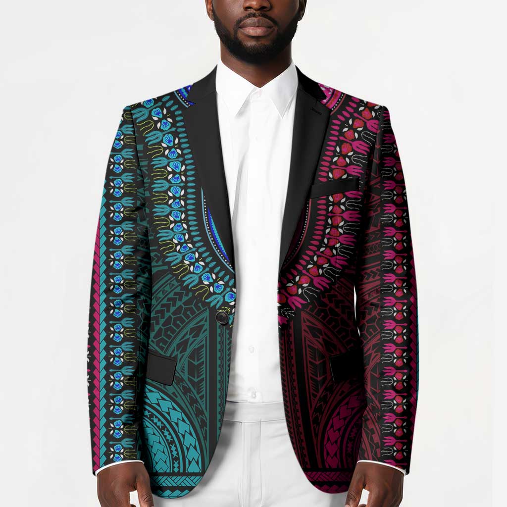 African Dashiki and Polynesian Pattern Blazer Half Teal-Pink