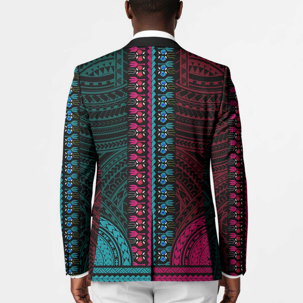 African Dashiki and Polynesian Pattern Blazer Half Teal-Pink