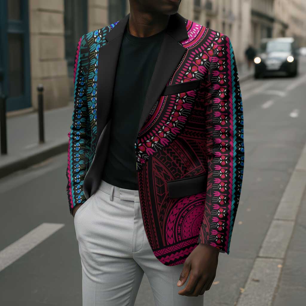 African Dashiki and Polynesian Pattern Blazer Half Teal-Pink