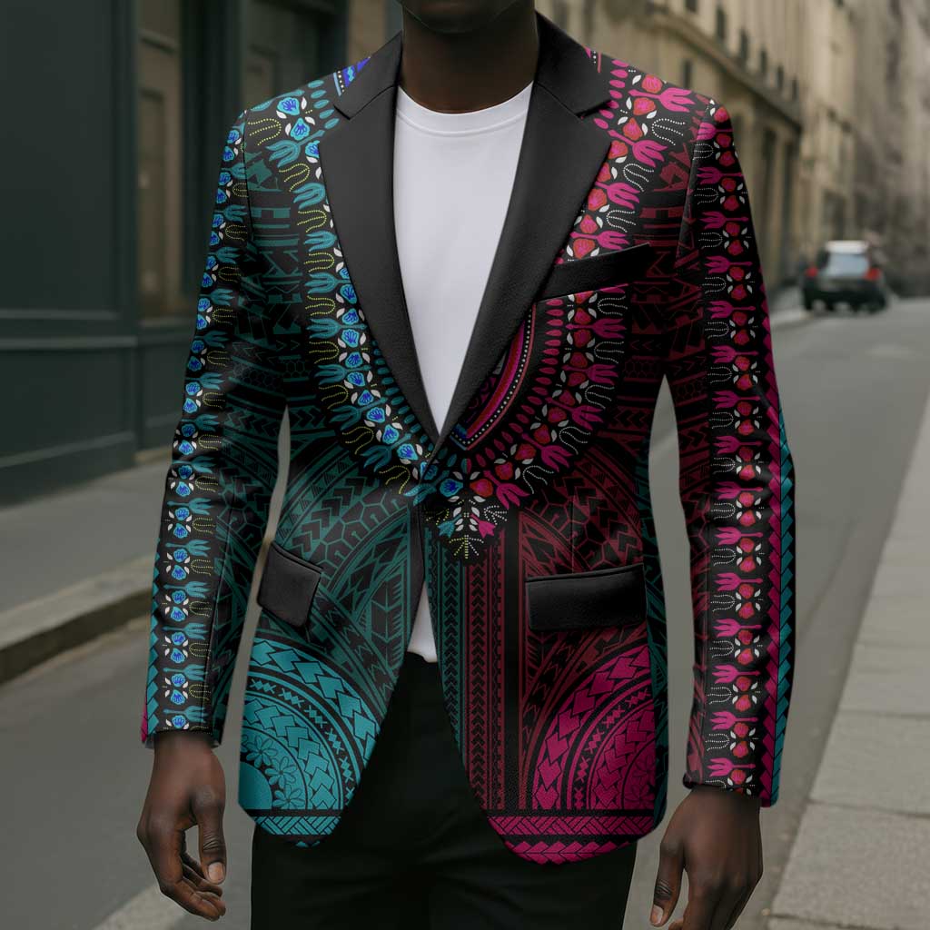 African Dashiki and Polynesian Pattern Blazer Half Teal-Pink