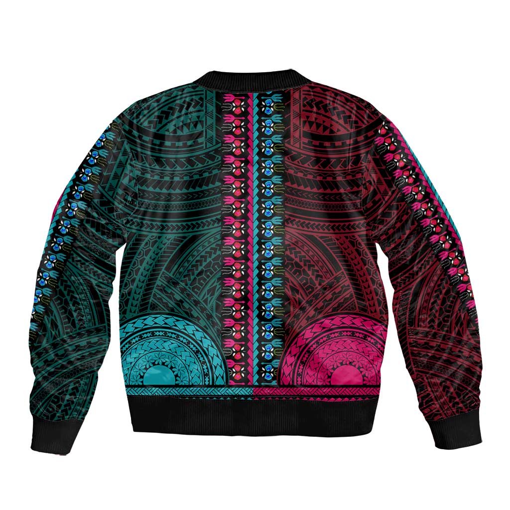 African Dashiki and Polynesian Pattern Bomber Jacket Half Teal-Pink