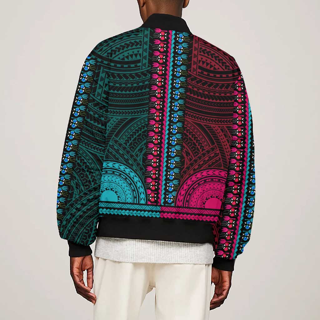 African Dashiki and Polynesian Pattern Bomber Jacket Half Teal-Pink