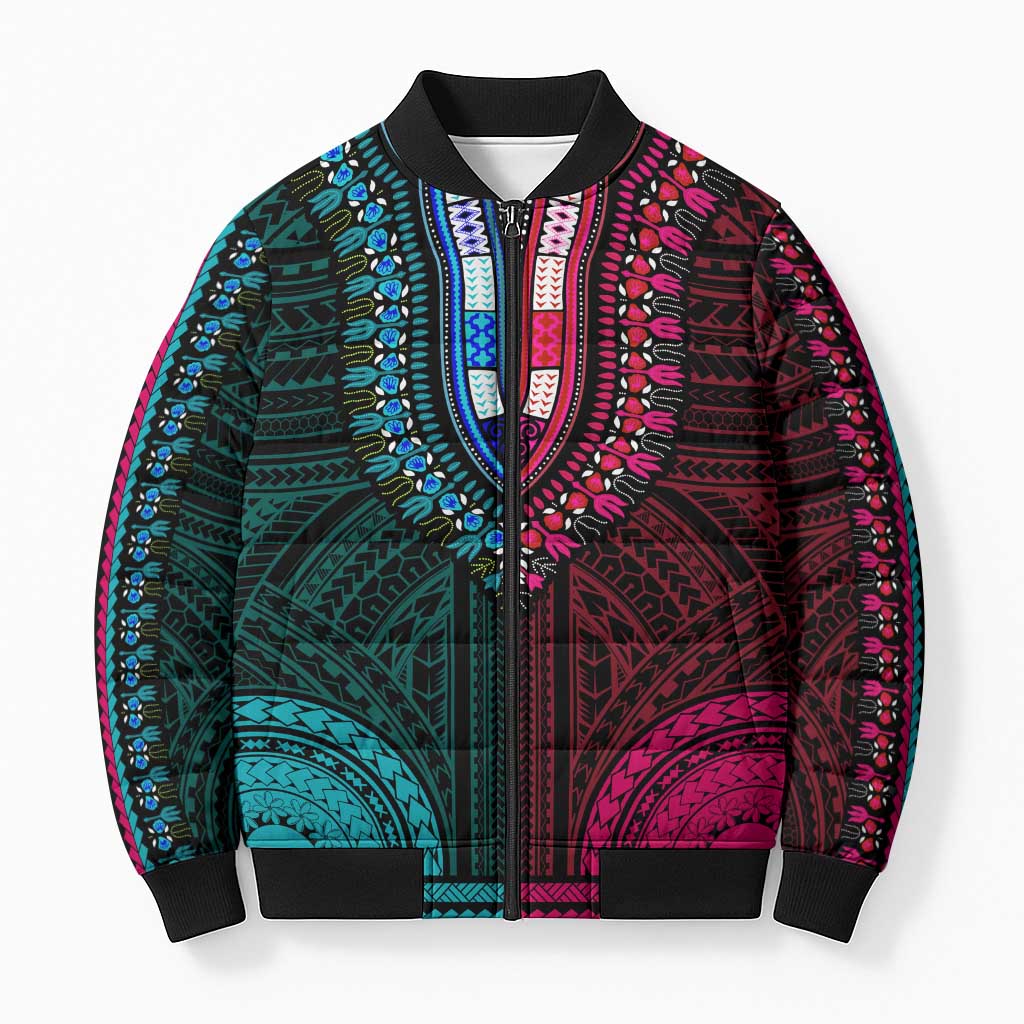 African Dashiki and Polynesian Pattern Bomber Puffer Jacket Half Teal-Pink