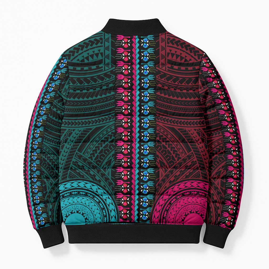 African Dashiki and Polynesian Pattern Bomber Puffer Jacket Half Teal-Pink