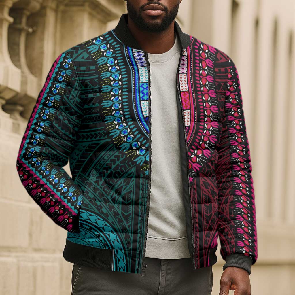 African Dashiki and Polynesian Pattern Bomber Puffer Jacket Half Teal-Pink