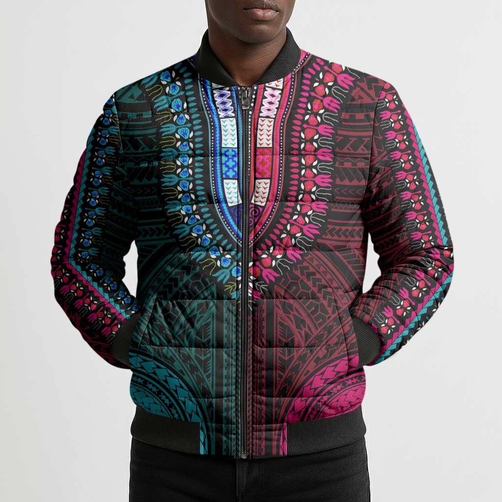 African Dashiki and Polynesian Pattern Bomber Puffer Jacket Half Teal-Pink