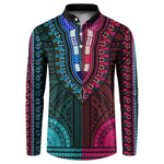 African Dashiki and Polynesian Pattern Button Sweatshirt Half Teal-Pink
