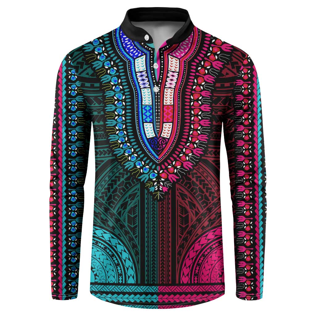 African Dashiki and Polynesian Pattern Button Sweatshirt Half Teal-Pink