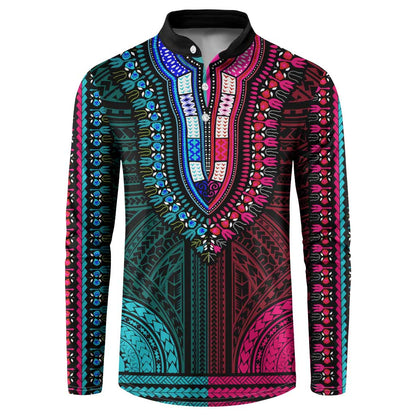 African Dashiki and Polynesian Pattern Button Sweatshirt Half Teal-Pink