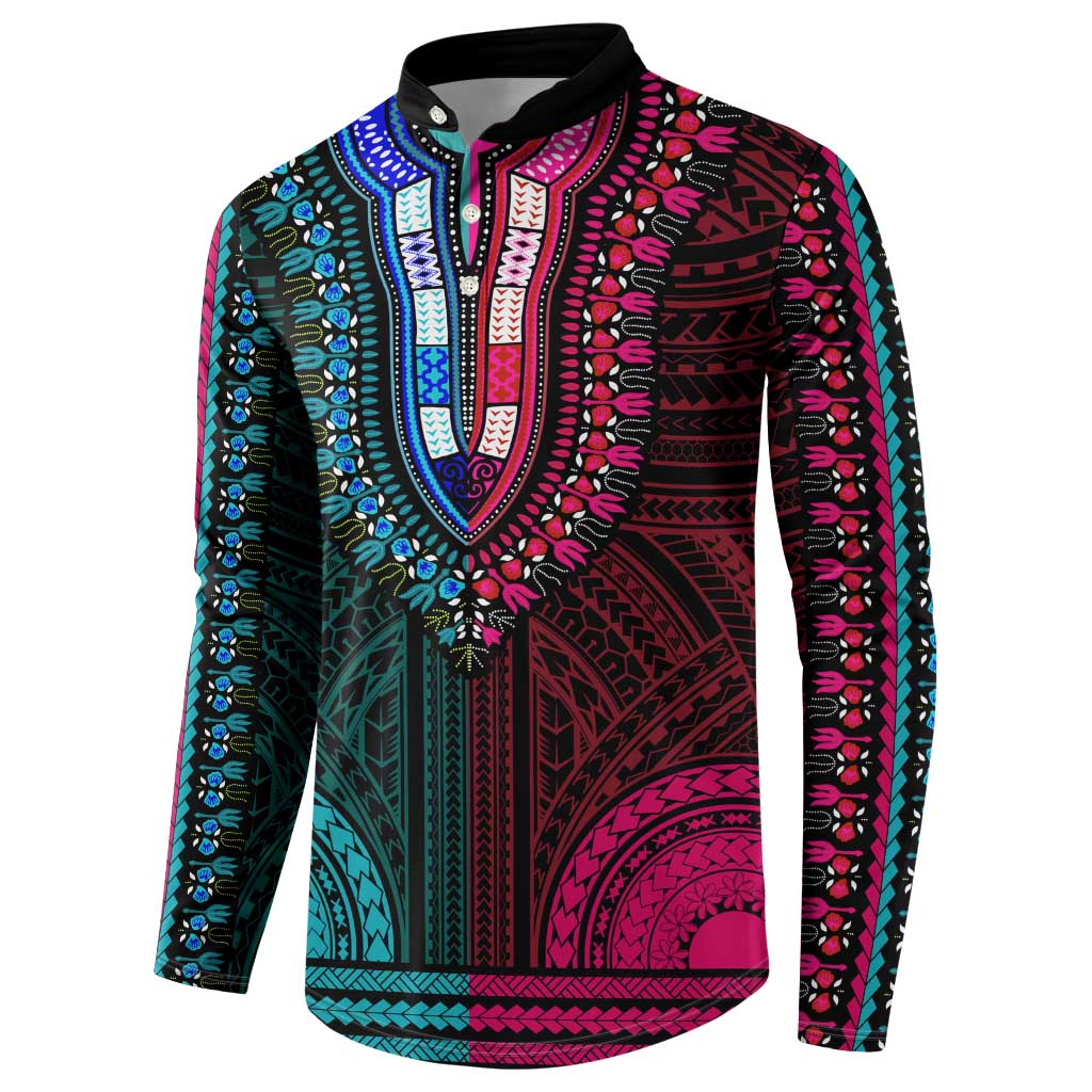 African Dashiki and Polynesian Pattern Button Sweatshirt Half Teal-Pink