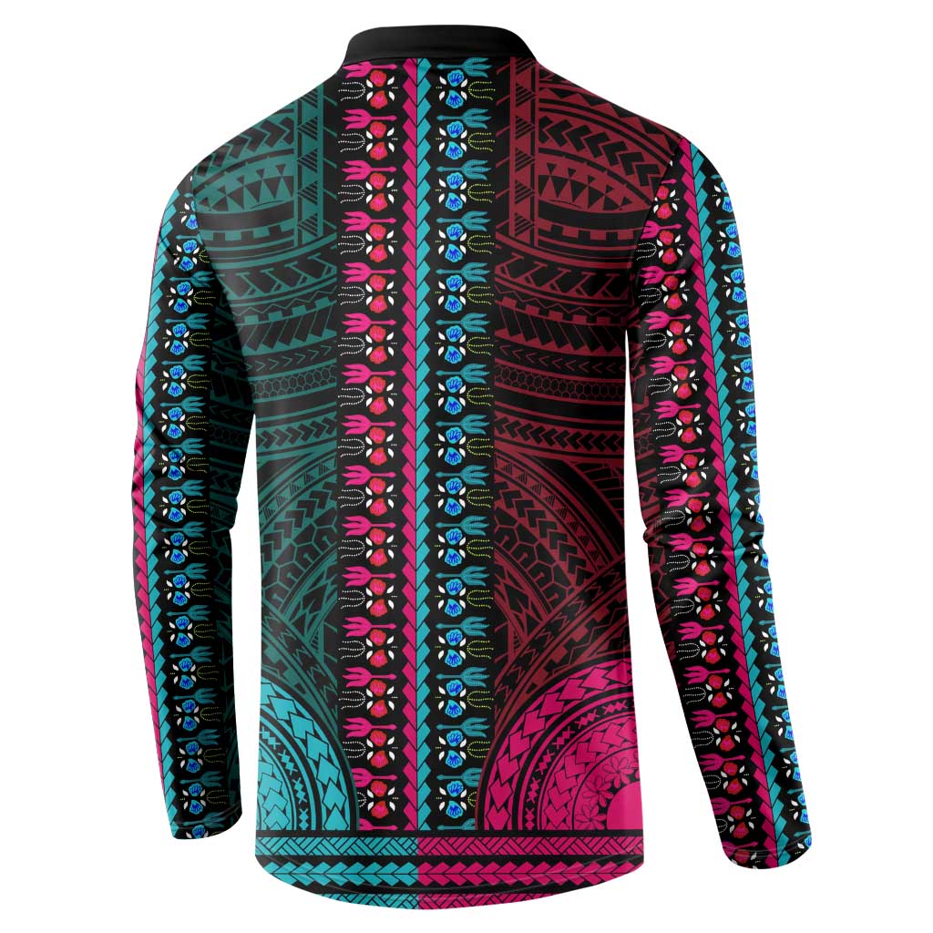 African Dashiki and Polynesian Pattern Button Sweatshirt Half Teal-Pink