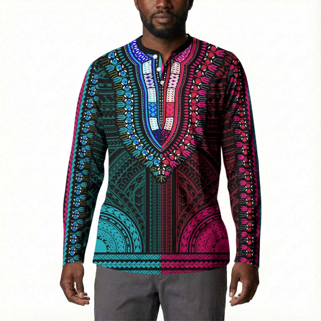African Dashiki and Polynesian Pattern Button Sweatshirt Half Teal-Pink