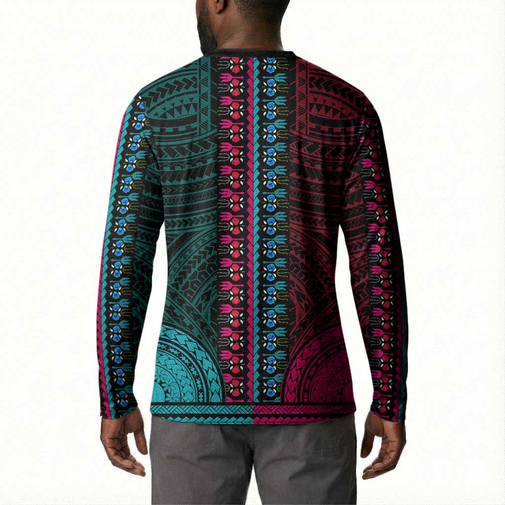 African Dashiki and Polynesian Pattern Button Sweatshirt Half Teal-Pink