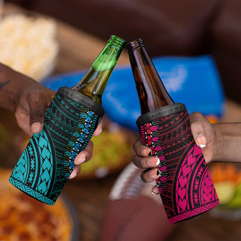 African Dashiki and Polynesian Pattern 4 in 1 Can Cooler Tumbler Half Teal-Pink