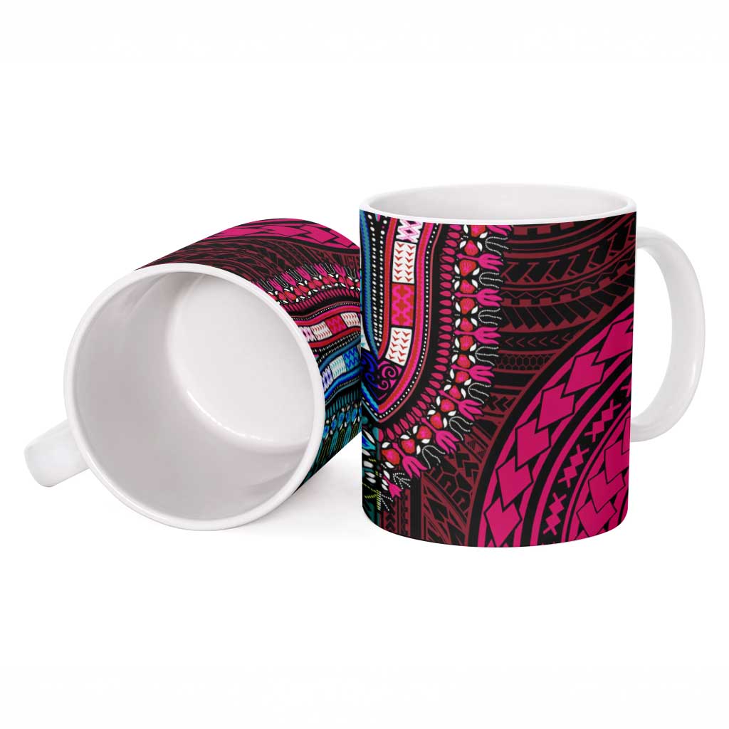African Dashiki and Polynesian Pattern Ceramic Mug Half Teal-Pink