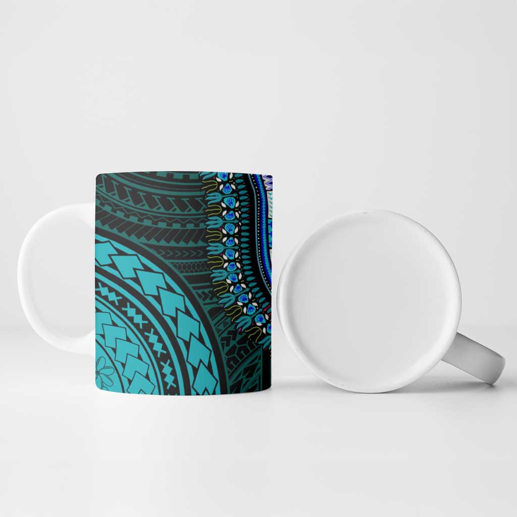 African Dashiki and Polynesian Pattern Ceramic Mug Half Teal-Pink