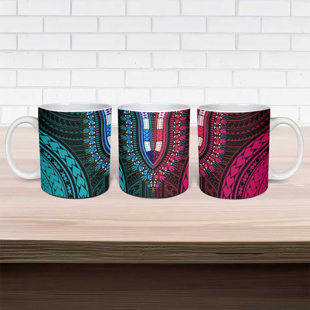 African Dashiki and Polynesian Pattern Ceramic Mug Half Teal-Pink