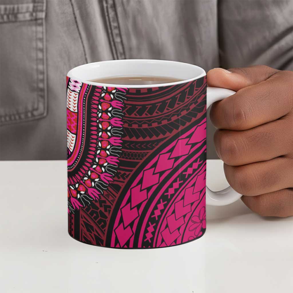 African Dashiki and Polynesian Pattern Ceramic Mug Half Teal-Pink