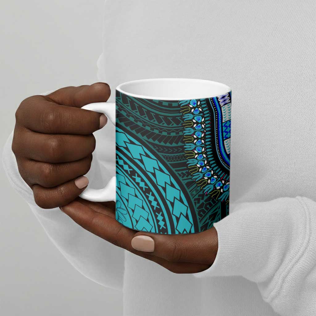 African Dashiki and Polynesian Pattern Ceramic Mug Half Teal-Pink
