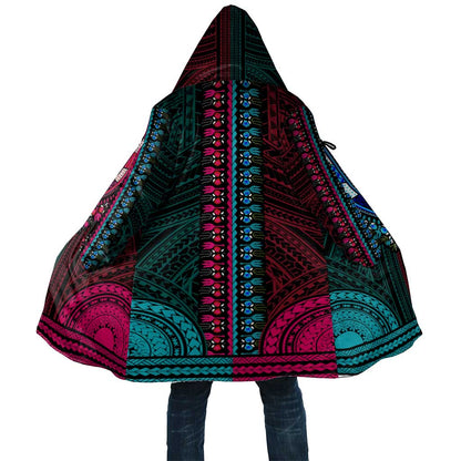 African Dashiki and Polynesian Pattern Cloak Half Teal-Pink