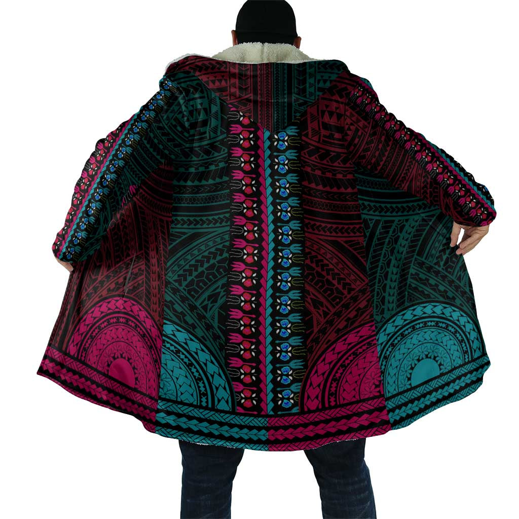 African Dashiki and Polynesian Pattern Cloak Half Teal-Pink