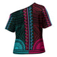 African Dashiki and Polynesian Pattern Cross Shoulder Shirt Half Teal-Pink
