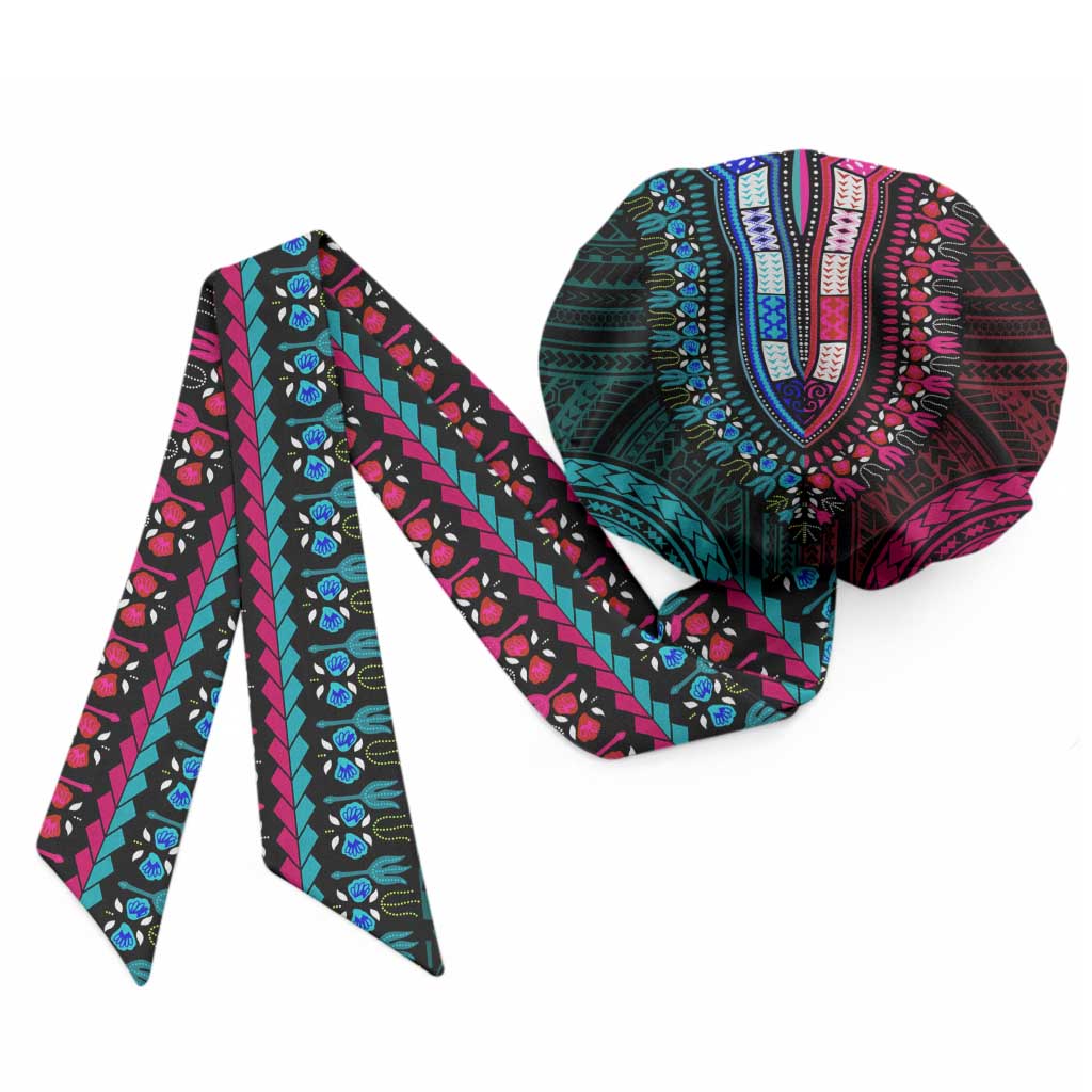 African Dashiki and Polynesian Pattern Easy Headwrap Half Teal-Pink