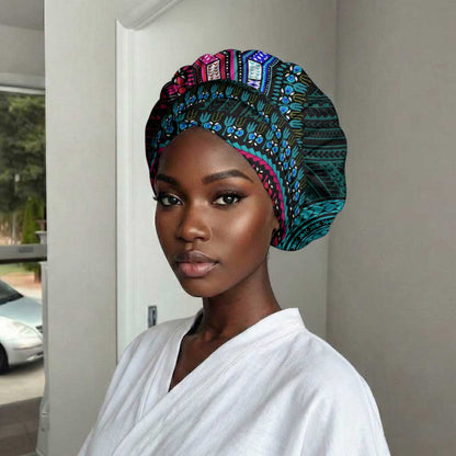 African Dashiki and Polynesian Pattern Easy Headwrap Half Teal-Pink