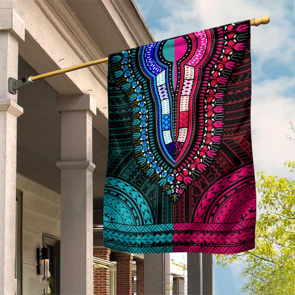 African Dashiki and Polynesian Pattern Garden Flag Half Teal-Pink