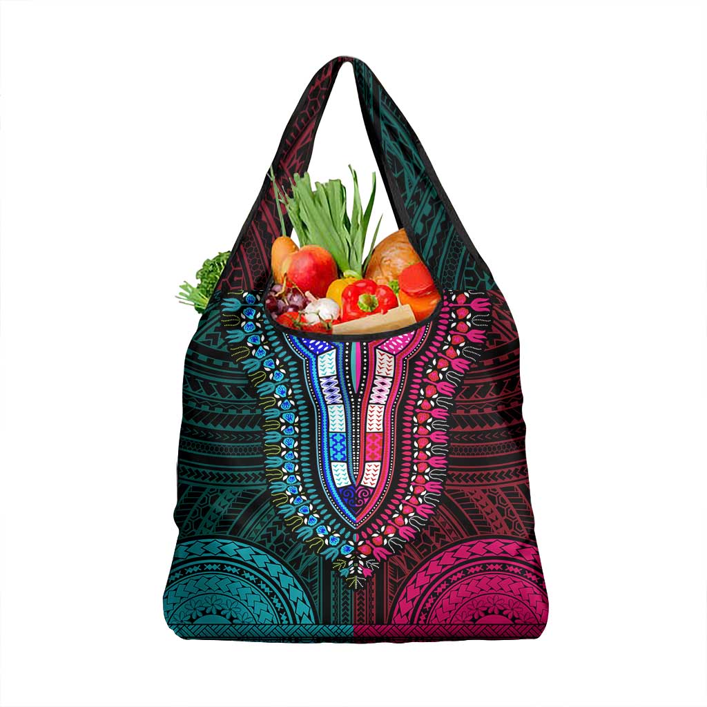 African Dashiki and Polynesian Pattern Grocery Bag Half Teal-Pink